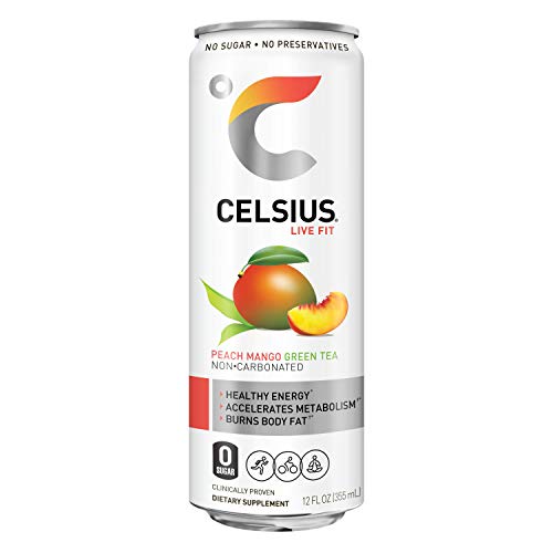 CELSIUS Peach Mango Green Tea Non-Carbonated Fitness Drink, Zero Sugar, 12oz. Slim Can (Pack of 12) thumbnail