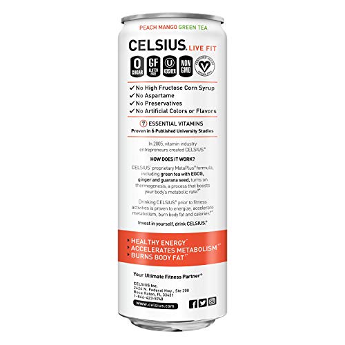 CELSIUS Peach Mango Green Tea Non-Carbonated Fitness Drink, Zero Sugar, 12oz. Slim Can (Pack of 12) thumbnail