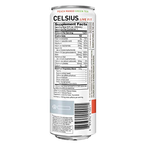 CELSIUS Peach Mango Green Tea Non-Carbonated Fitness Drink, Zero Sugar, 12oz. Slim Can (Pack of 12) thumbnail