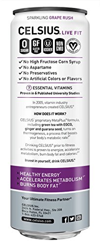 CELSIUS Sparkling Grape Rush Fitness Drink, Zero Sugar, 12oz. Slim Can (Pack of 12) thumbnail