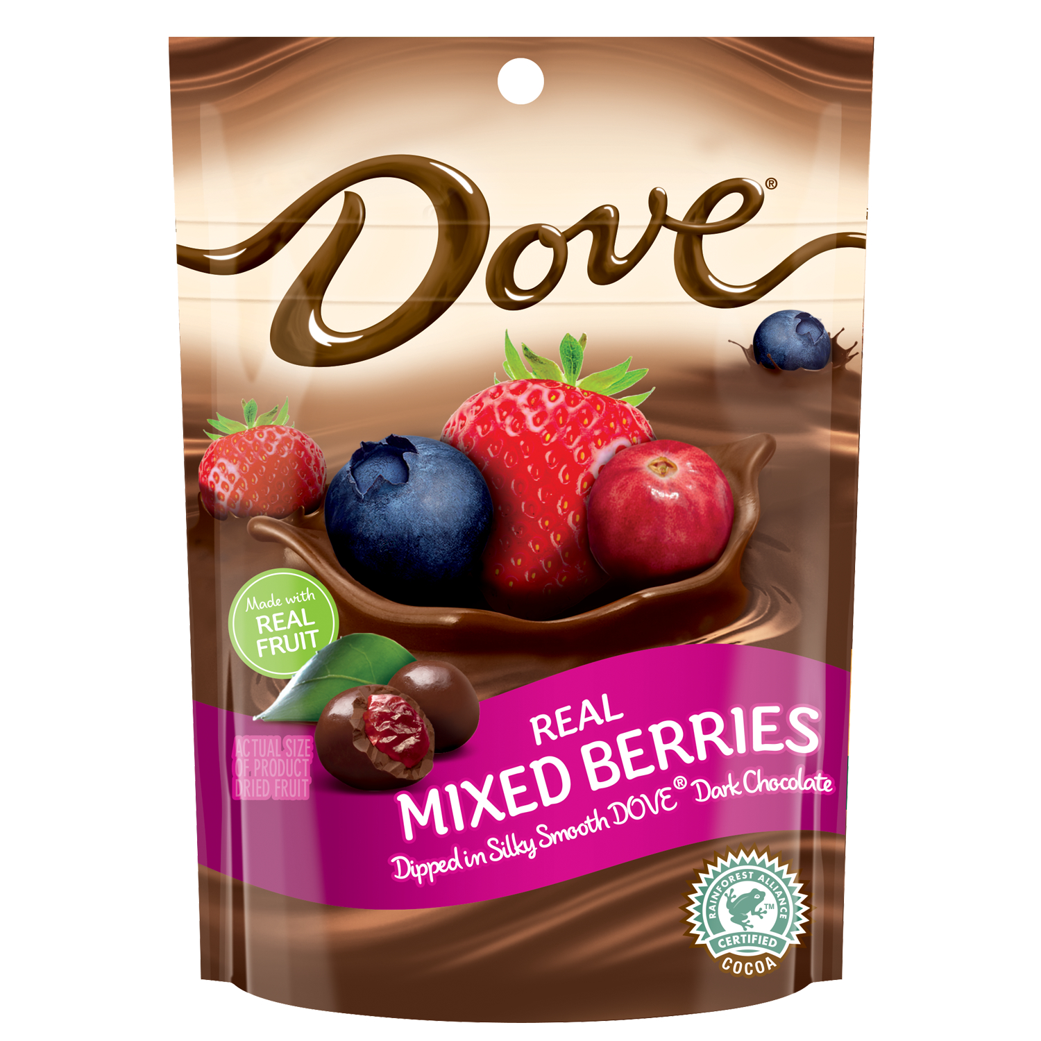 STRAWBERRIES, BLUEBERRIES, AND CRANBERRIES DIPPED IN SILKY SMOOTH DOVE DARK CHOCOLATE, REAL MIXED BERRIES