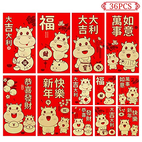 36PCS Chinese Red Envelopes,2021 Chinese New Year of the Ox Hong Bao,Cartoon Lucky Money Packets with 6 Different Golden Embossed Patterns for Spring
