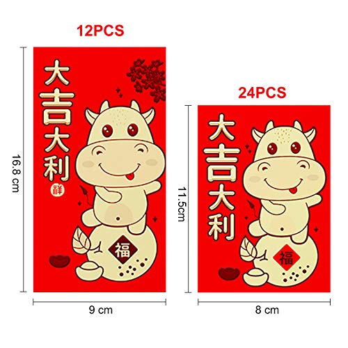 36PCS Chinese Red Envelopes,2021 Chinese New Year of the Ox Hong Bao,Cartoon Lucky Money Packets with 6 Different Golden Embossed Patterns for Spring thumbnail