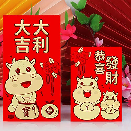 36PCS Chinese Red Envelopes,2021 Chinese New Year of the Ox Hong Bao,Cartoon Lucky Money Packets with 6 Different Golden Embossed Patterns for Spring thumbnail