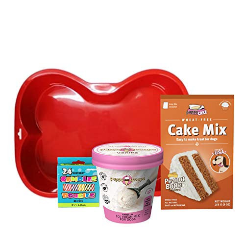Puppy Cake Cake and Ice Cream Dog Birthday Cake Kit in with Peanut Butter, Your Choice of Ice Cream Mix, Bone Silicone Pan and 24 Candles (Vanilla)