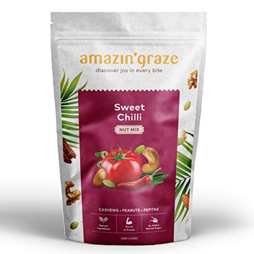 Amazin' Graze Sweet Chili Nut Mix 3.5oz – Sweet Sour Mixed Nuts Tropical Snacks with Peanuts, Cashews, Pumpkin Seeds - 100% Natural & Source of Prot