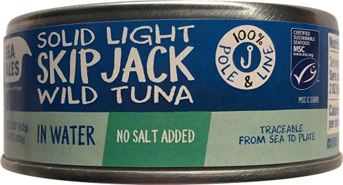 Sea Tales Solid Light Skipjack Canned Tuna in Water - No Salt Added - 100% Pole & Line Wild Sustainably Caught - Gluten Free - High Protein Food - Ket
