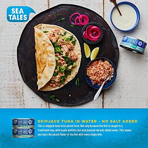 Sea Tales Solid Light Skipjack Canned Tuna in Water - No Salt Added - 100% Pole & Line Wild Sustainably Caught - Gluten Free - High Protein Food - Ket thumbnail