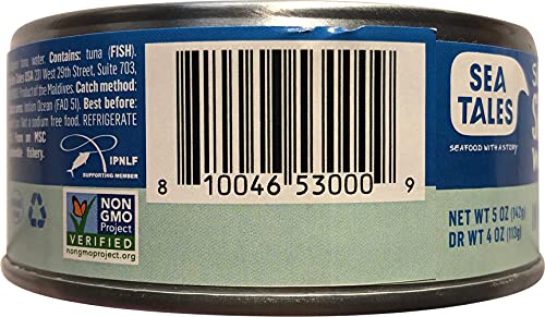 Sea Tales Solid Light Skipjack Canned Tuna in Water - No Salt Added - 100% Pole & Line Wild Sustainably Caught - Gluten Free - High Protein Food - Ket thumbnail