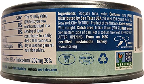 Sea Tales Solid Light Skipjack Canned Tuna in Water - No Salt Added - 100% Pole & Line Wild Sustainably Caught - Gluten Free - High Protein Food - Ket thumbnail