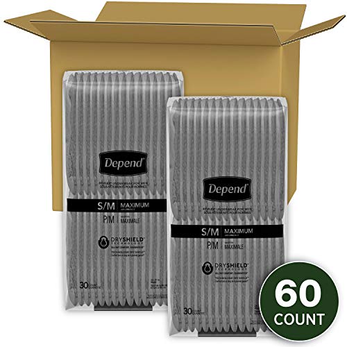 Depend FIT-FLEX Incontinence Underwear for Men, Maximum Absorbency, Disposable, Small/Medium, Grey, 60 Count (2 Packs of 30) (Packaging May Vary) thumbnail