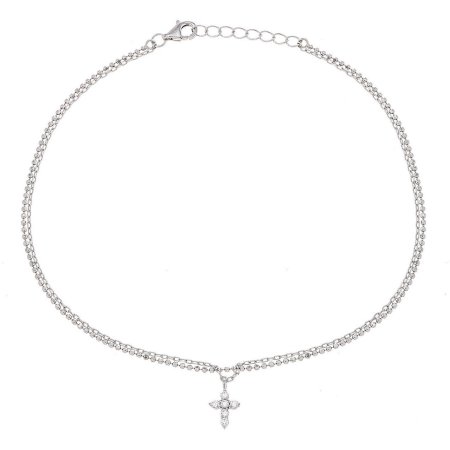 Lesa Michele Cubic Zirconia Sterling Silver 2-Strand Cross Charm Anklet in Sterling Silver