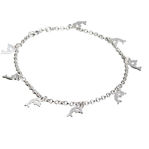 Pori Jewelers 18kt White Gold-Plated Sterling Silver Multi Dolphin Charm Anklet