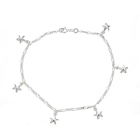 Pori Jewelers 925 Sterling Silver Figaro Chain Anklet with Star Charm