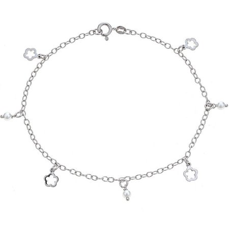 Pori Jewelers Rhodium-Plated 925 Sterling Silver Anchor Chain Anklet with Cutout Flower and Freshwater Pearl Charms