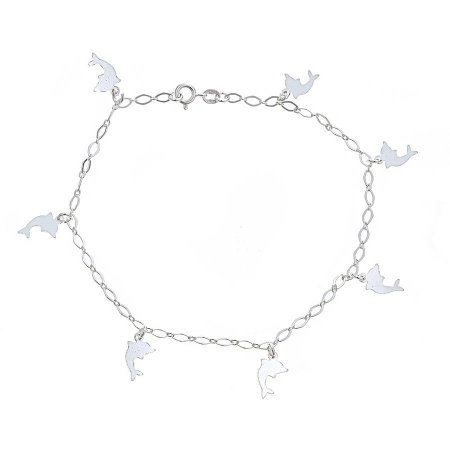 Pori Jewelers 925 Sterling Silver Open Link Chain Anklet with Dangling Dolphin Charms