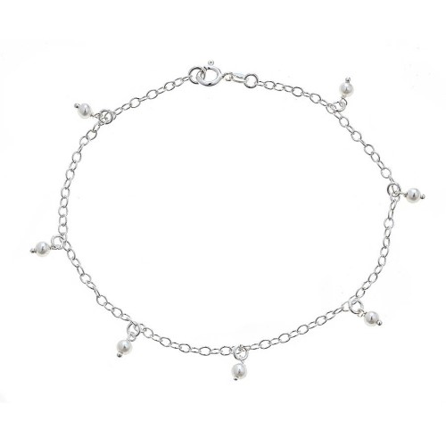 Pori Jewelers 926 Sterling Silver Rolo Chain Anklet with Dangling Freshwater Pearl Charms