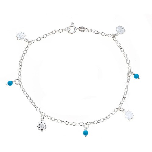 Pori Jewelers 925 Sterling Silver Rolo Chain Anklet with Dangling Suns and Turquoise Ball Charms