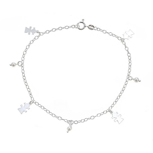Pori Jewelers 925 Sterling Silver Rolo Chain Anklet with Dangling Girl and Freshwater Pearl Charms