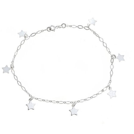 Pori Jewelers 925 Sterling Silver Open Link Chain Anklet with Dangling Star Charms