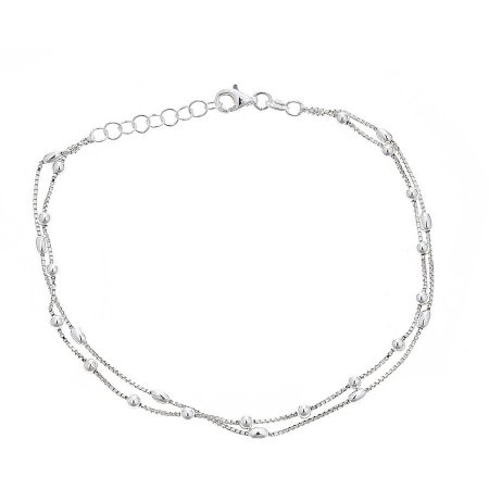 Pori Jewelers 925 Sterling Silver 2-Row Box Chain Anklet with Oval and Round Ball Charms