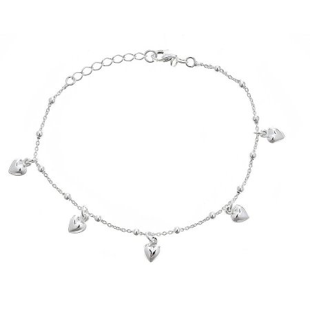 Pori Jewelers 926 Sterling Silver Anchor Ball Chain Anklet with Dangling Heart Charms