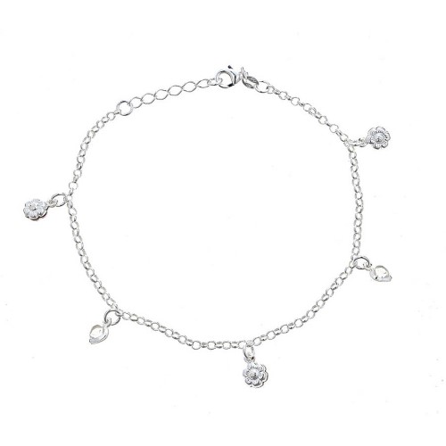 Pori Jewelers 925 Sterling Silver Rolo Chain Anklet with Dangling Flower and CZ Heart Charms
