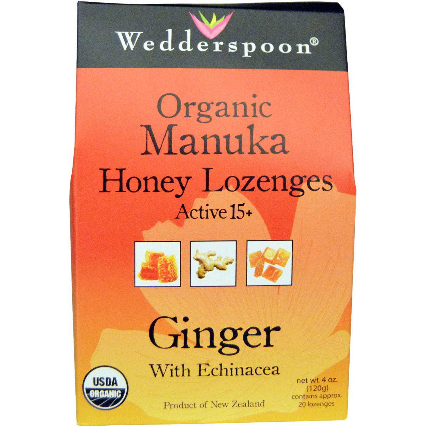 Wedderspoon Organic Ginger with Echinacea Active 15+ Manuka Honey Lozenges, 4 Oz