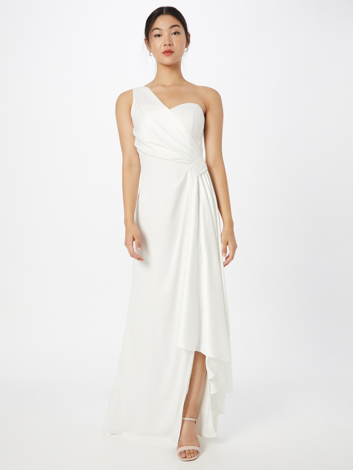 Chi Chi One Shoulder Satin Finish Maxi Dress in White, Size 16 thumbnail