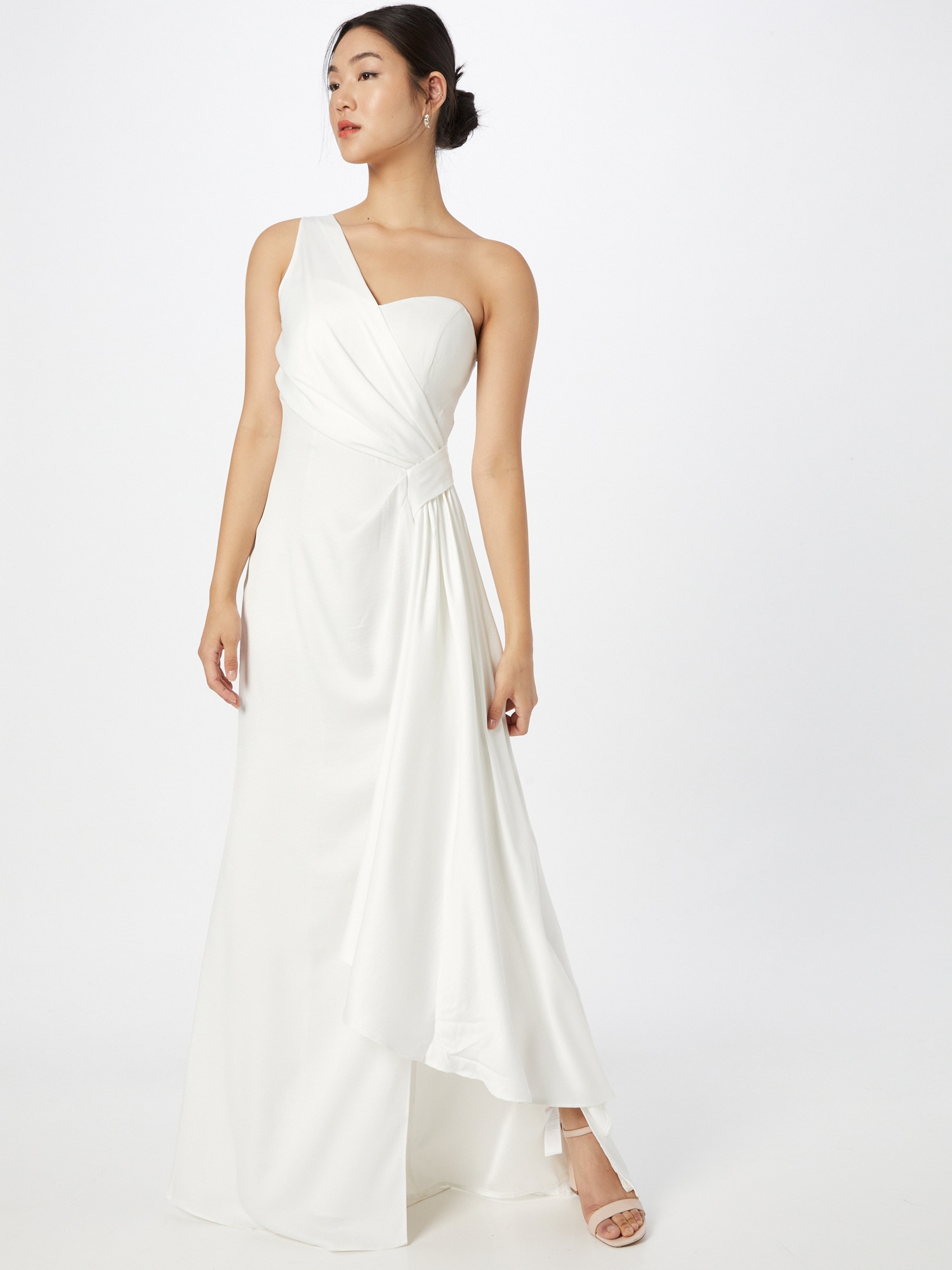 Chi Chi One Shoulder Satin Finish Maxi Dress in White, Size 16 thumbnail