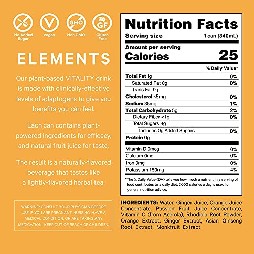 Natural Energy Drinks by Elements | Naturally-Flavored Ginger Orange with Rhodiola + Ginseng | Caffeine-Free, No Added Sugar, Low Calorie, Plant-Based thumbnail