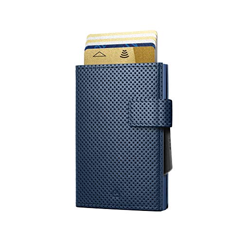 Ögon Designs - Cascade Wallet - Automatic Aluminium and Leather Wallet - 8 Cards and Banknotes (Blue Traforato Vegan Leather / Blue Aluminium)