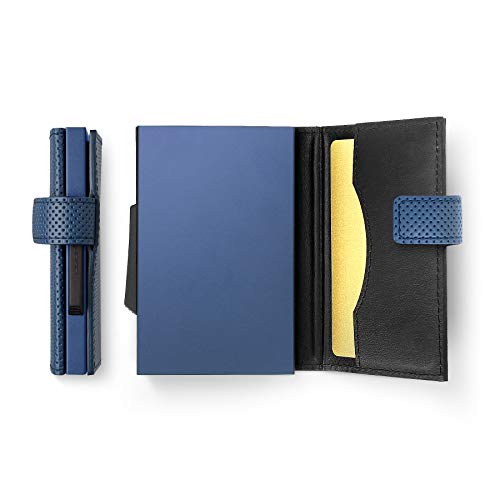 Ögon Designs - Cascade Wallet - Automatic Aluminium and Leather Wallet - 8 Cards and Banknotes (Blue Traforato Vegan Leather / Blue Aluminium) thumbnail