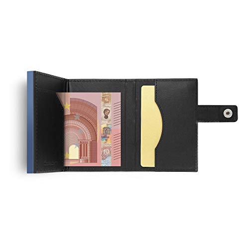 Ögon Designs - Cascade Wallet - Automatic Aluminium and Leather Wallet - 8 Cards and Banknotes (Blue Traforato Vegan Leather / Blue Aluminium) thumbnail