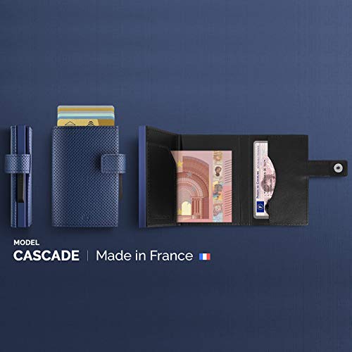 Ögon Designs - Cascade Wallet - Automatic Aluminium and Leather Wallet - 8 Cards and Banknotes (Blue Traforato Vegan Leather / Blue Aluminium) thumbnail