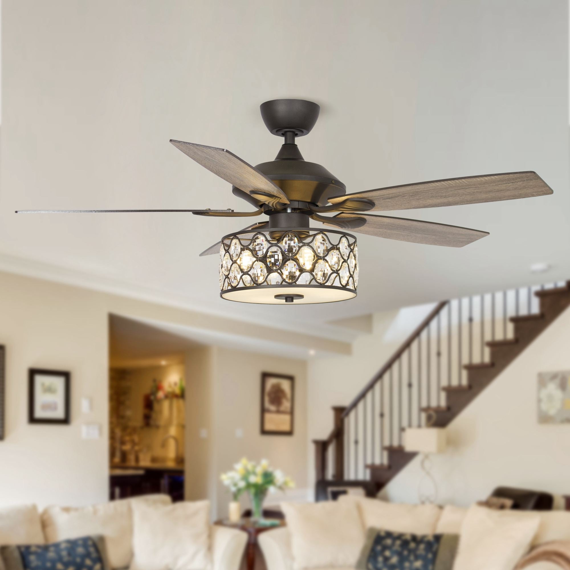 Parrot Uncle 52  Modern 4-Light Chandelier Crystal Ceiling Fan with Remote Matte Black N/a Matte