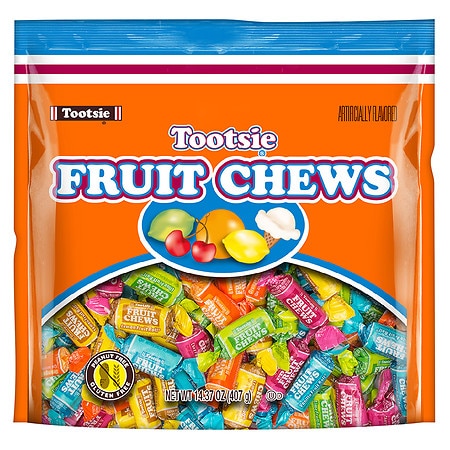 Tootsie Roll Fruit Chews  Assorted Fruit Flavors  14.37 Oz. Gluten Free  Peanut Free. Contains Milk and Soy