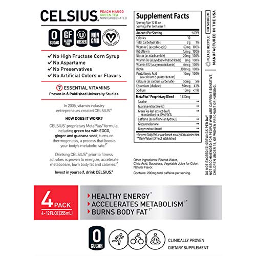 CELSIUS Fitness Energy Drink 12 Fl Oz, Peach Mango Green Tea (Pack of 24) thumbnail