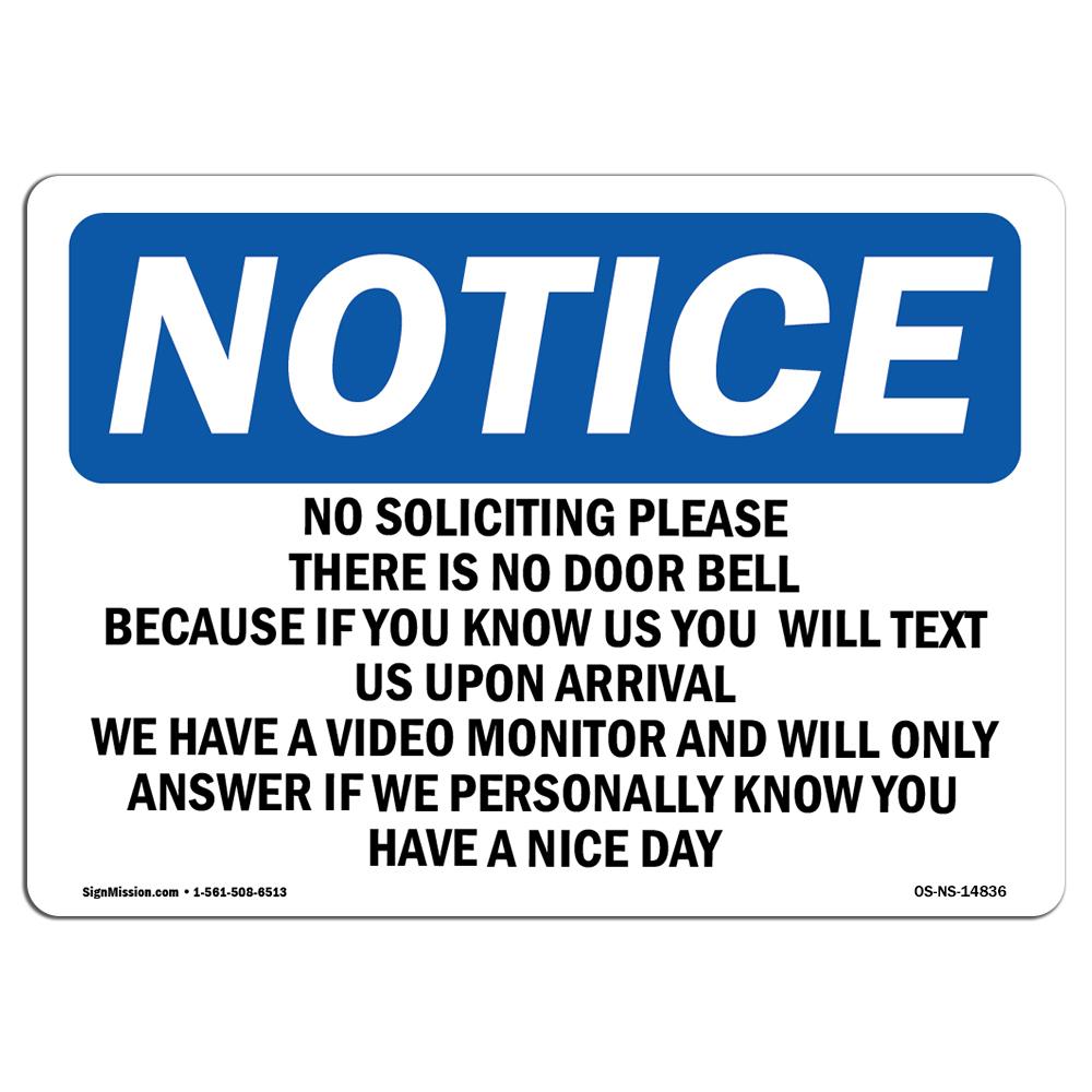 SignMission OS-NS-a-1014-L-14836 10 X 14 in. OSHA Notice Sign - No Soliciting Please There Is No Door Bell