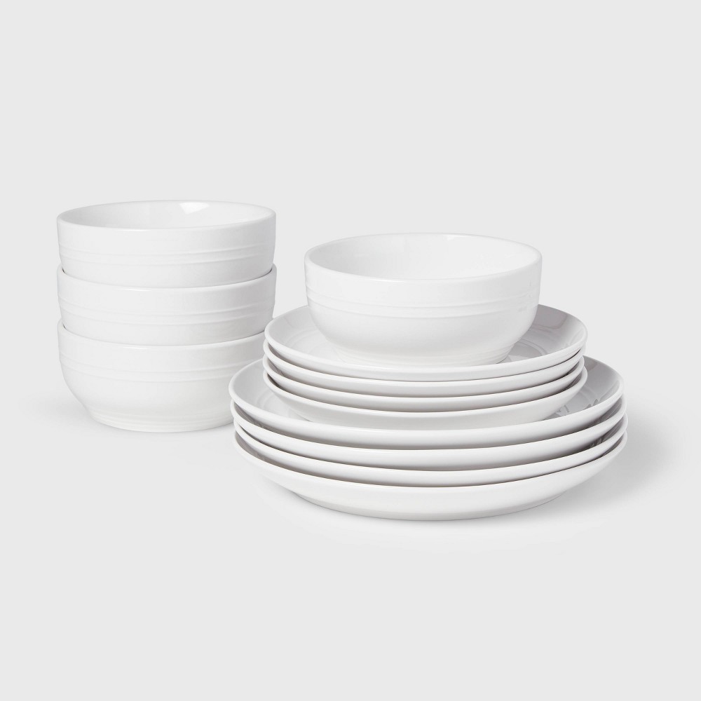 (INCOMPLETE SET) Stoneware Westfield Dinnerware Set White - Threshold™: Microwave & Dishwasher Safe, Service for 4, Traditional Style