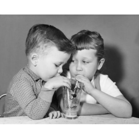 Close-up of a Boy and His Sister Sharing a Glass of Juice Canvas Art - (24 X 36)
