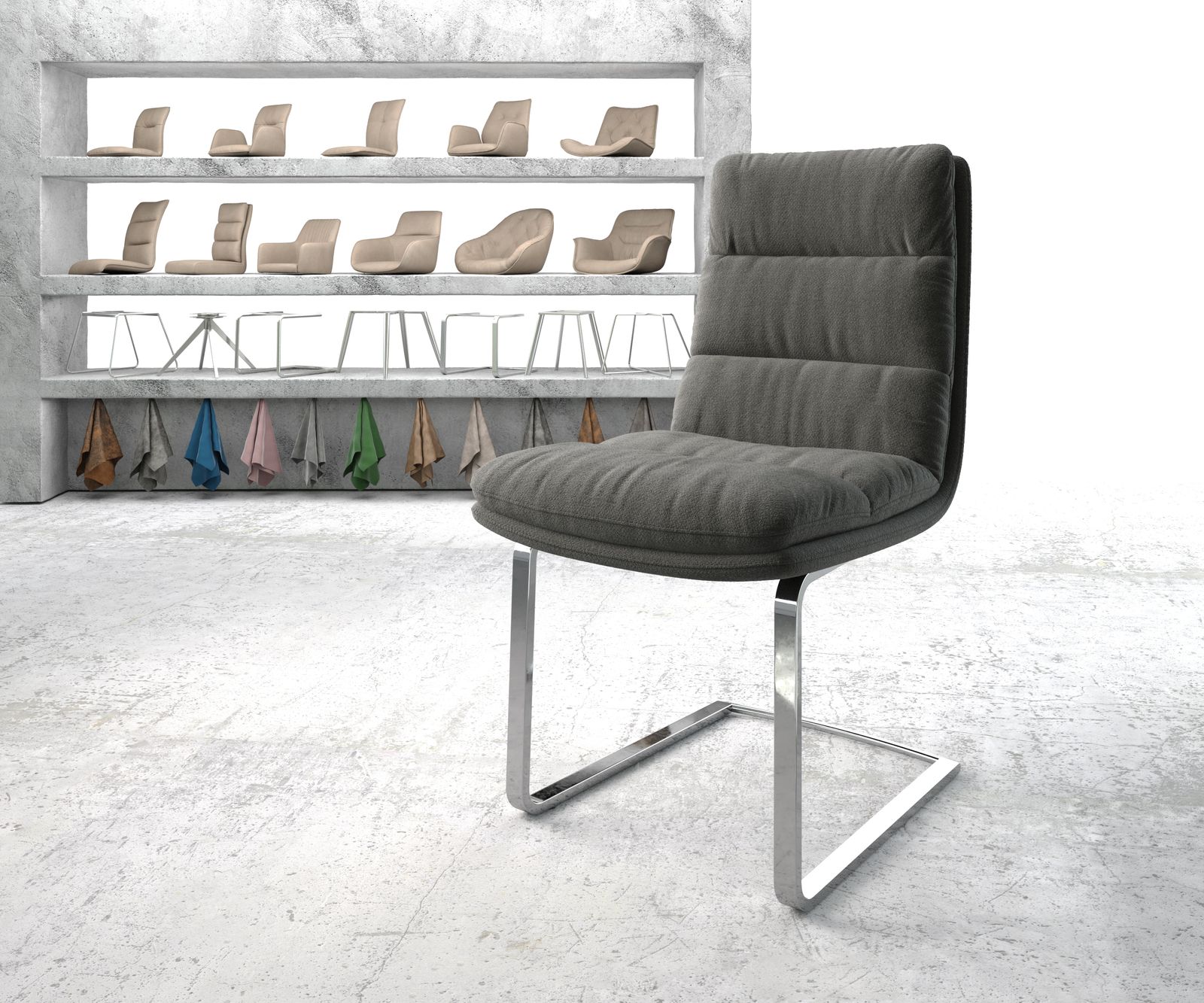 Chaise-de-salle-à-manger Abelia-Flex Tissu Texturé Anthracite Cantilever Plat Chromé