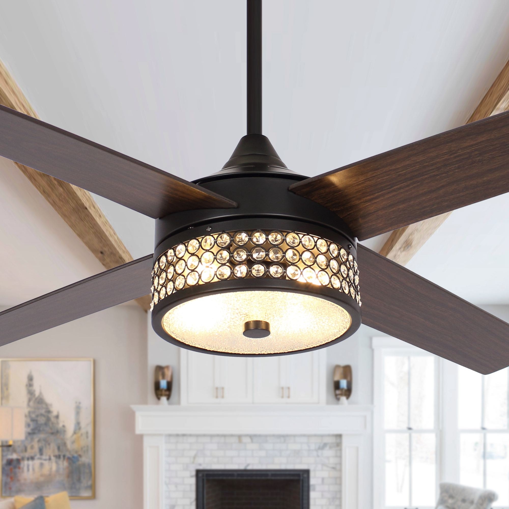 Parrot Uncle 52  Wood 4-Blade Matte Black Crystal Ceiling Fan with Remote