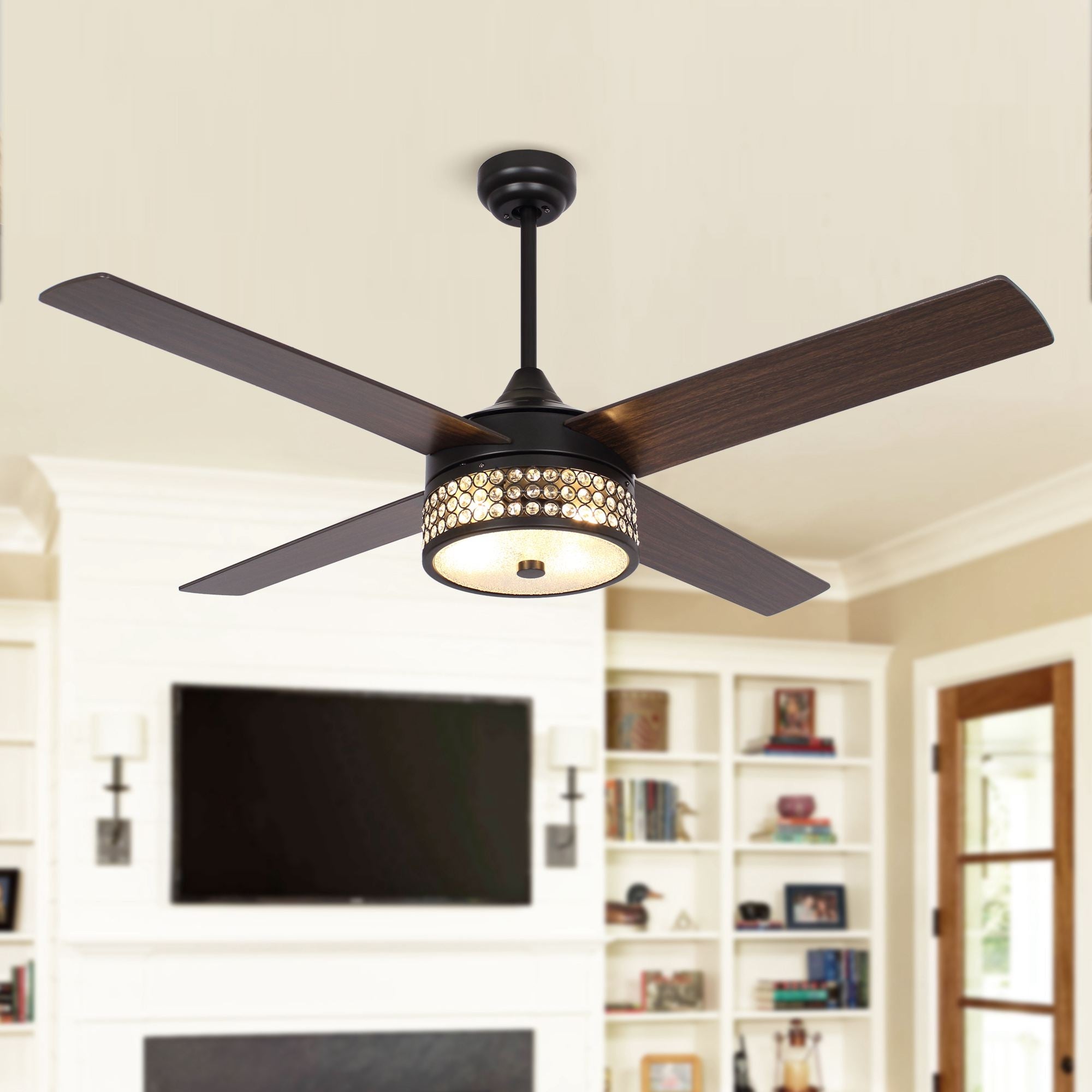 Parrot Uncle 52  Wood 4-Blade Matte Black Crystal Ceiling Fan with Remote thumbnail