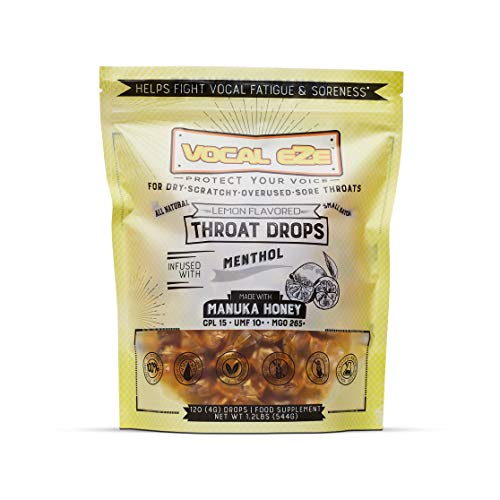 Vocal Eze Manuka Honey Lemon UMF 10+ (MGO 265+) Menthol Cough Drops (120) | Lozenges to Relieve Sore, Hoarse, Fatigue, Dryness of Throat | Voice Suppo
