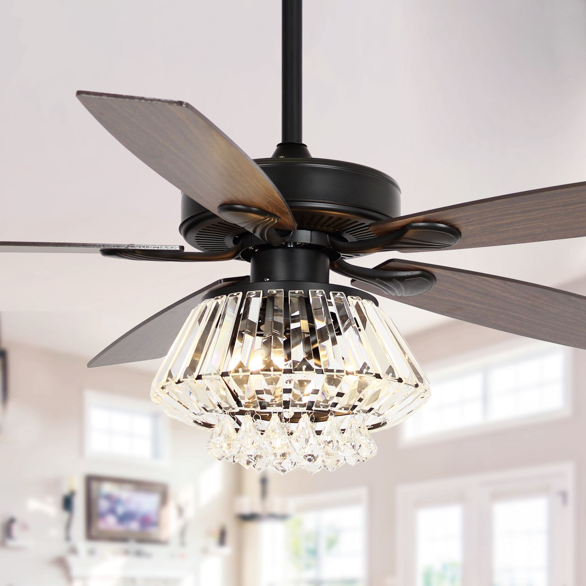 Parrot Uncle 52  Matte Black Wood 5-Blade Crystal Ceiling Fan with Remote