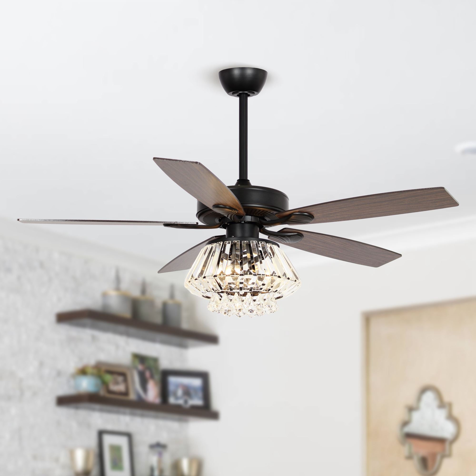 Parrot Uncle 52  Matte Black Wood 5-Blade Crystal Ceiling Fan with Remote thumbnail