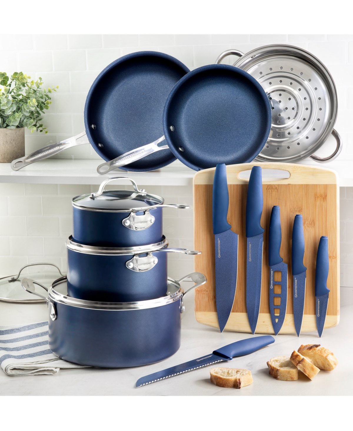 Granitestone Nonstick Pots and Pans Set Cookware Set Knife Set 17Pcs Blue