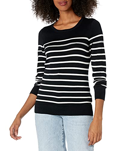Amazon Essentials Women's Long-Sleeve Lightweight Crewneck Sweater Available in Plus Size  Black Grey White Stripe  Medium