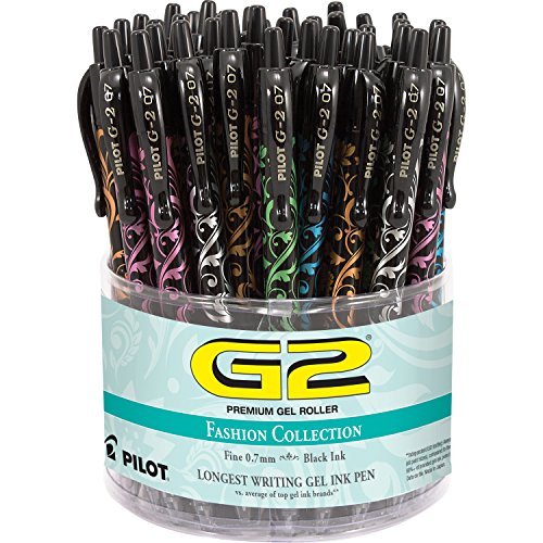 PILOT G2 Fashion Collection Colors Refillable & Retractable Rolling Ball Gel Pens  Fine Point  Assorted Color Barrel Designs  Black Ink  48-Pack Tub (